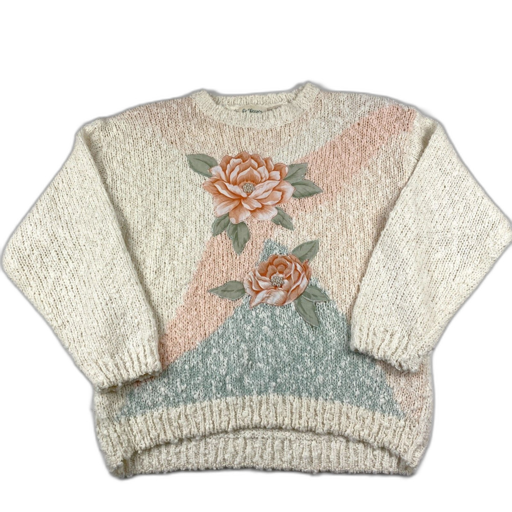 VTG Colleens Collectibles Womens Acrylic Sweater Cream Floral Grannycore Cottage